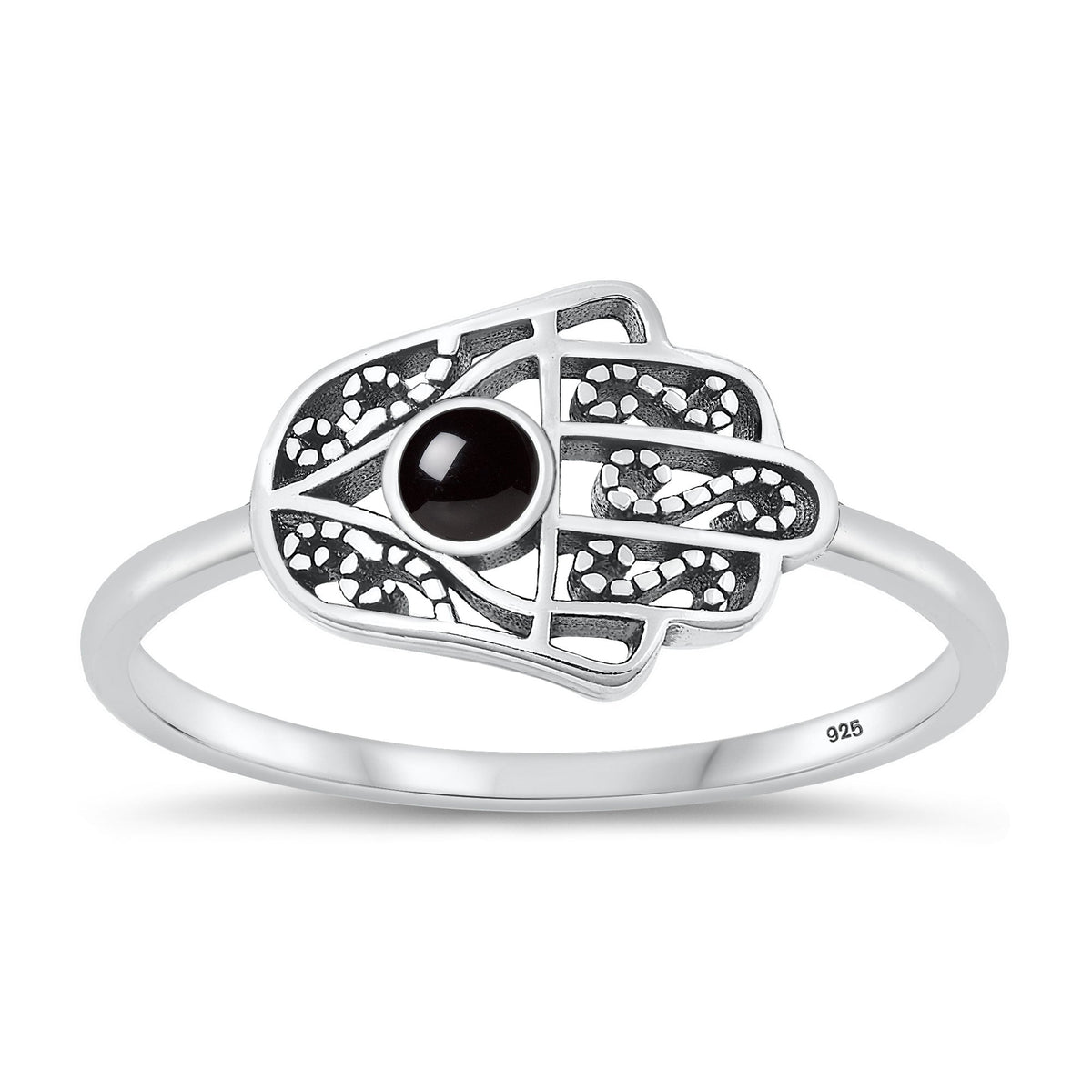 Sterling Silver Black Agate Hamsa Ring