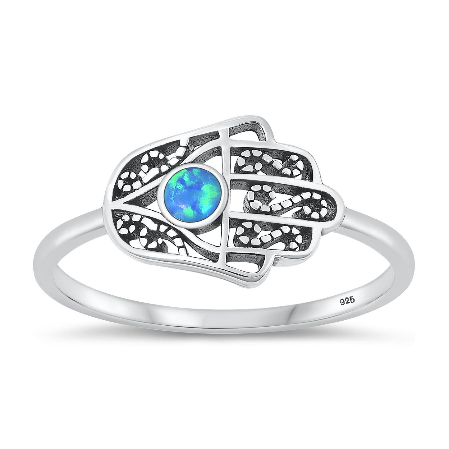 Sterling Silver Blue Lab Opal Hamsa Ring