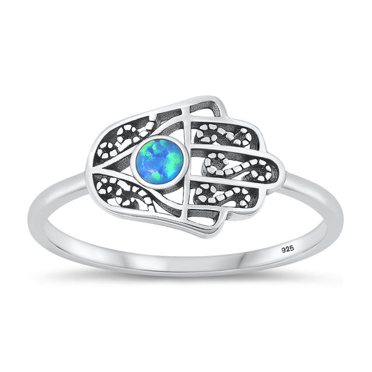 Sterling Silver Blue Lab Opal Hamsa Ring