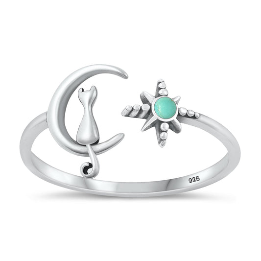 Sterling Silver Genuine Turquoise Cat Moon Star Ring