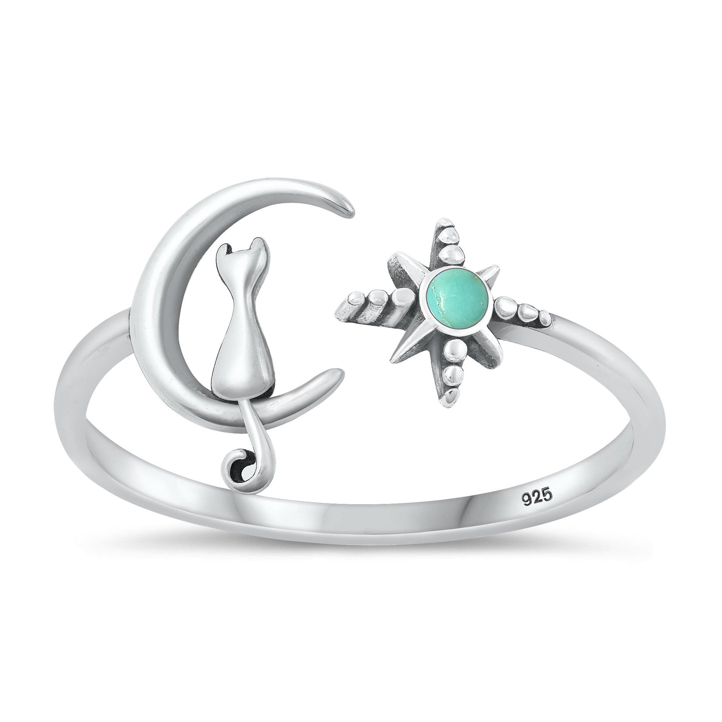 Sterling Silver Genuine Turquoise Cat Moon Star Ring