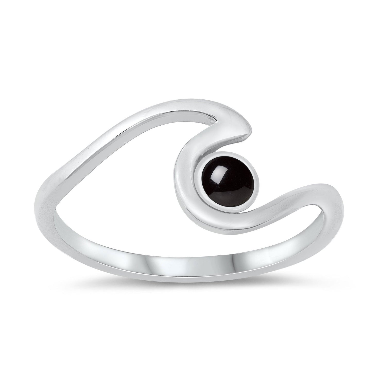 Sterling Silver Black Agate Wave Ring