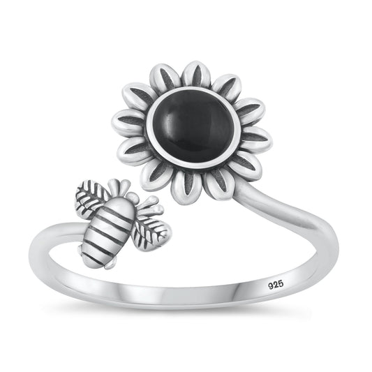 Sterling Silver Black Agate Flower & Bee Ring