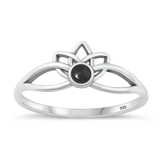Sterling Silver Black Agate Lotus Ring