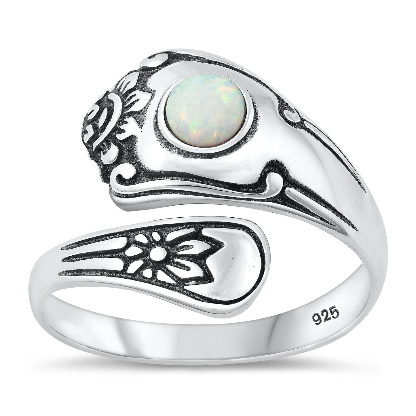 Sterling Silver White Lab Opal Bali Spoon Ring