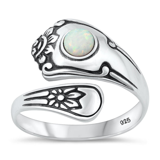 Sterling Silver White Lab Opal Bali Spoon Ring