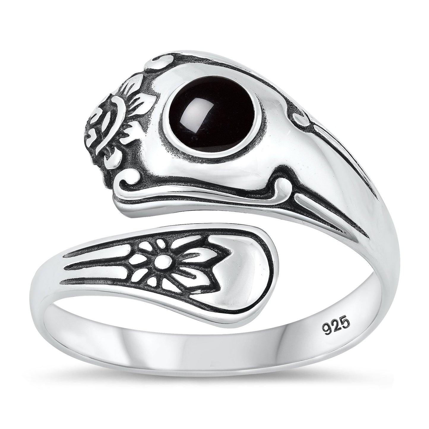 Sterling Silver Black Agate Bali Spoon Ring