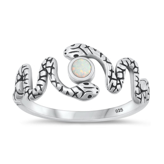 Sterling Silver White Lab Opal Double Snake Ring