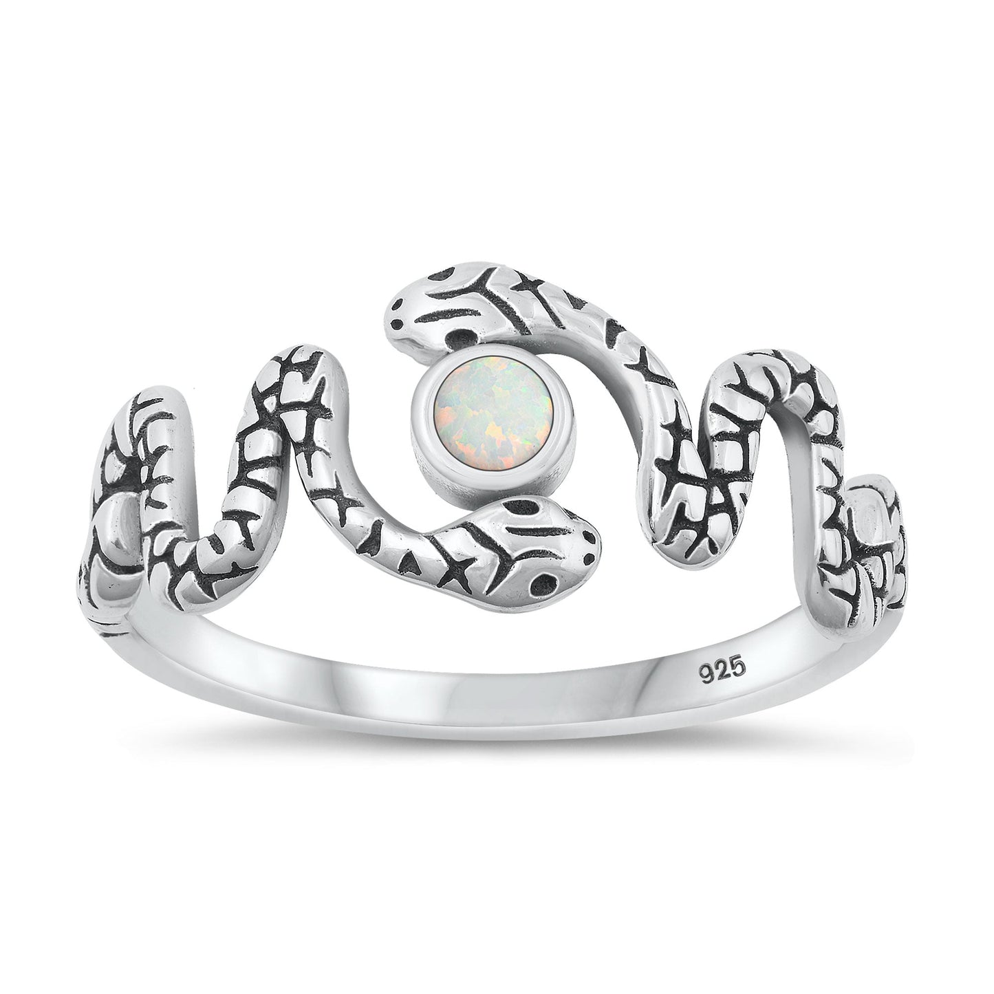 Sterling Silver White Lab Opal Double Snake Ring