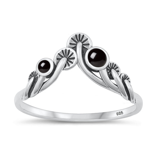 Sterling Silver Black Agate Mushroom Chevron Ring