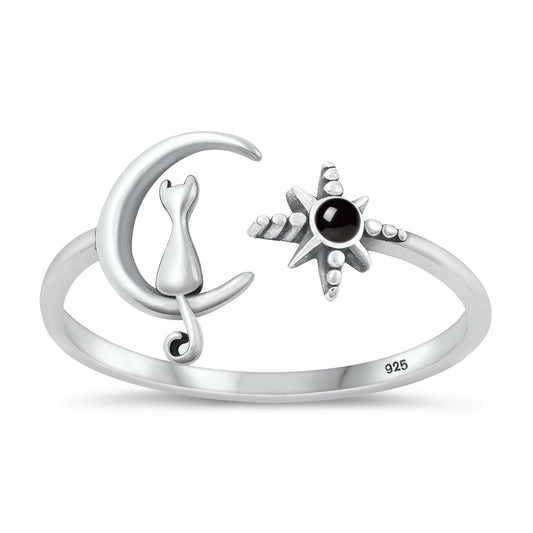 Sterling Silver Black Agate Cat Moon & Star Ring