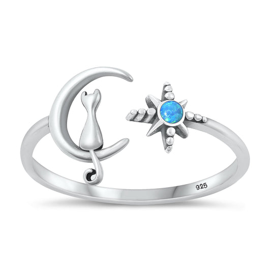 Sterling Silver Blue Lab Opal Cat Moon & Star Ring