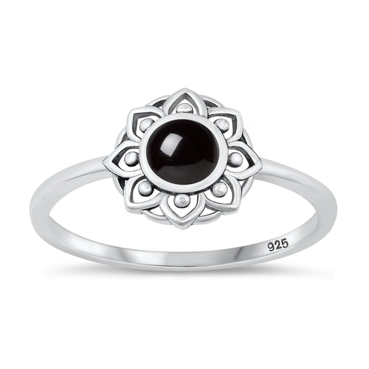 Sterling Silver Black Agate Lotus Ring