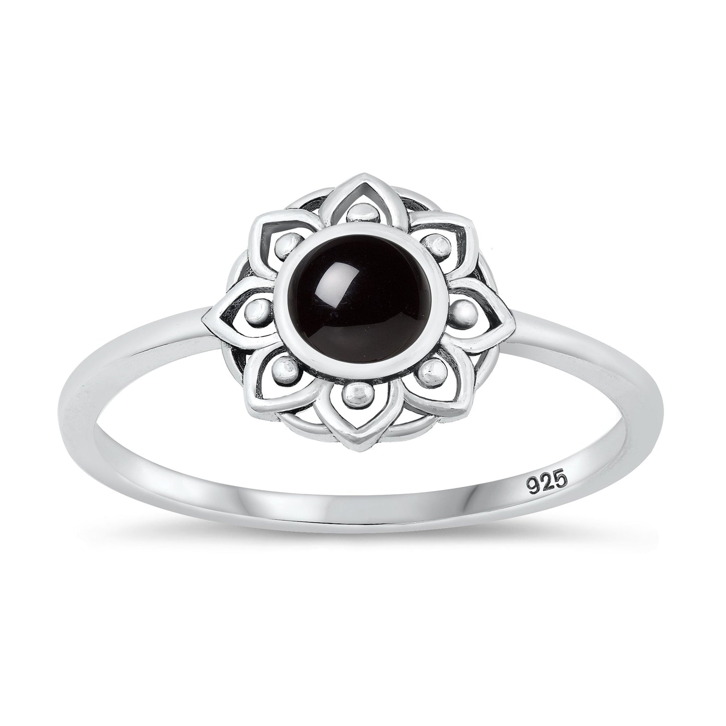 Sterling Silver Black Agate Lotus Ring