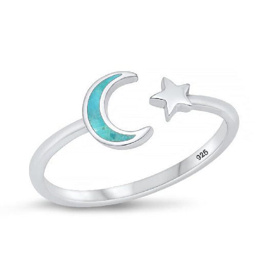 Sterling Silver Genuine Turquoise Moon & Star Ring