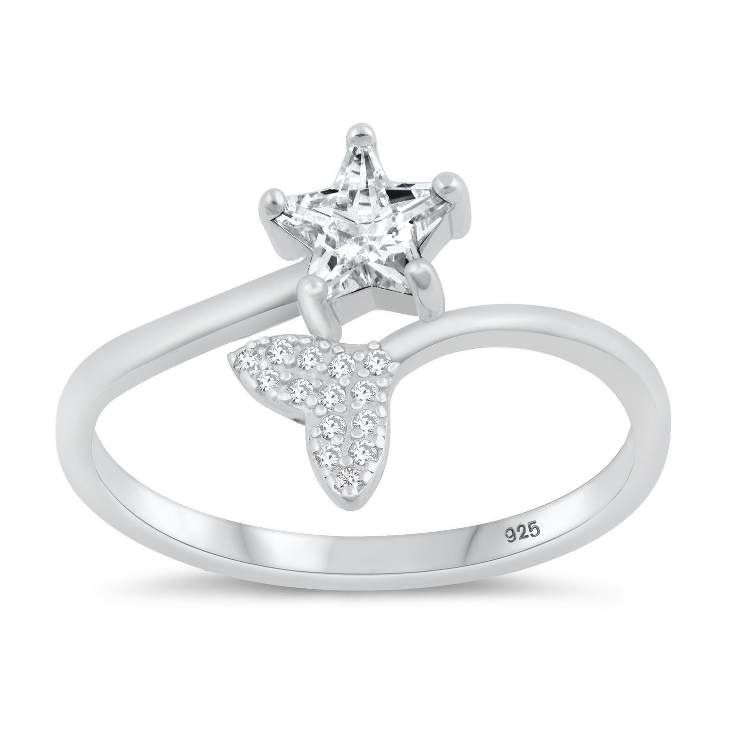 Sterling Silver Clear CZ Whale Tail & Star Ring