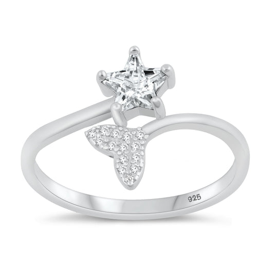 Sterling Silver Clear CZ Whale Tail & Star Ring