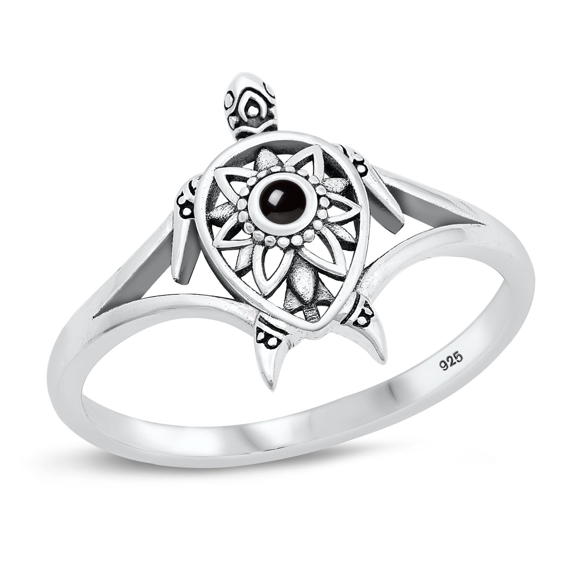 Sterling Silver Black Agate Sea Turtle Ring