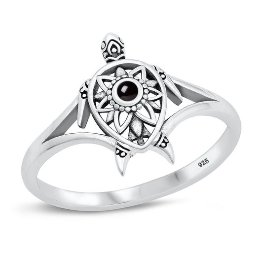 Sterling Silver Black Agate Sea Turtle Ring