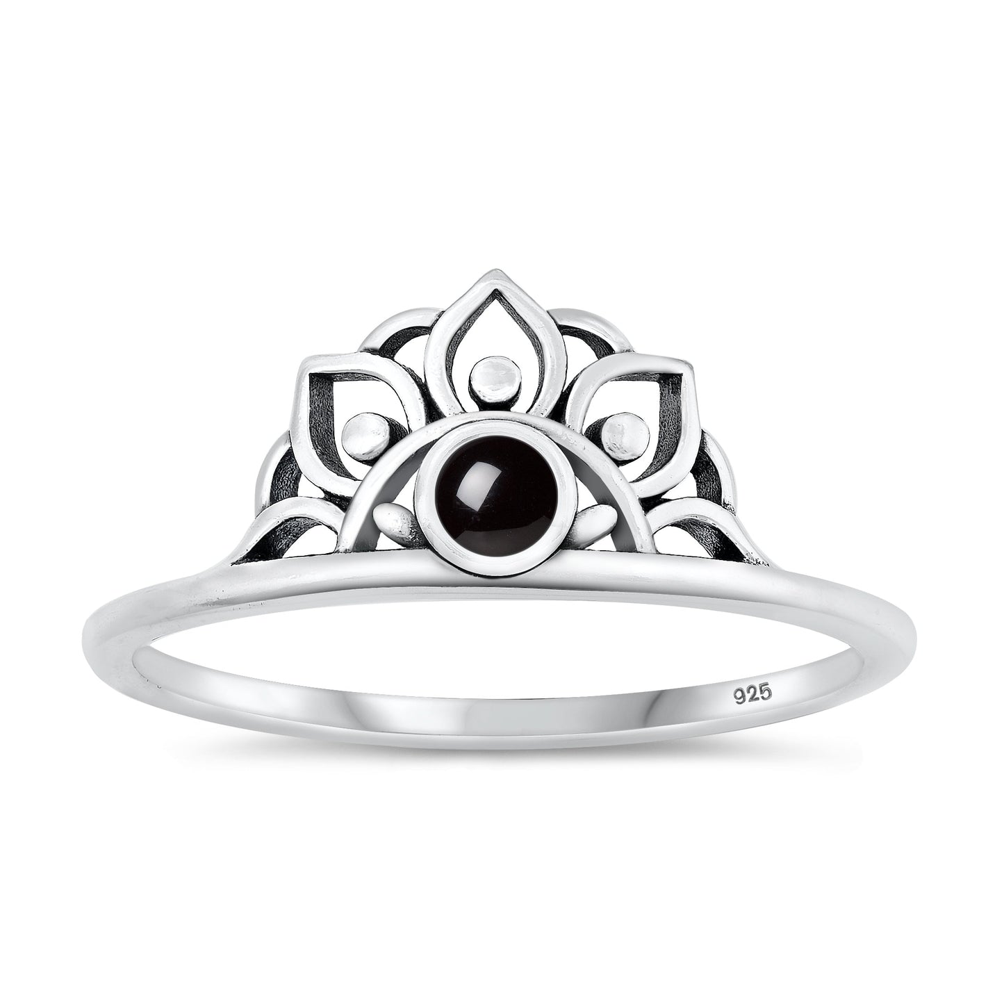 Sterling Silver Black Agate Lotus Tiara Ring