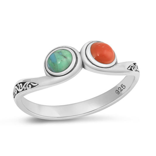 Sterling Silver Turquoise & Red Coral Ring
