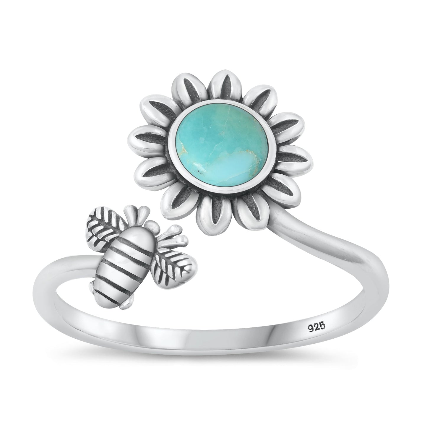 Sterling Silver Genuine Turquoise Flower & Bee Ring