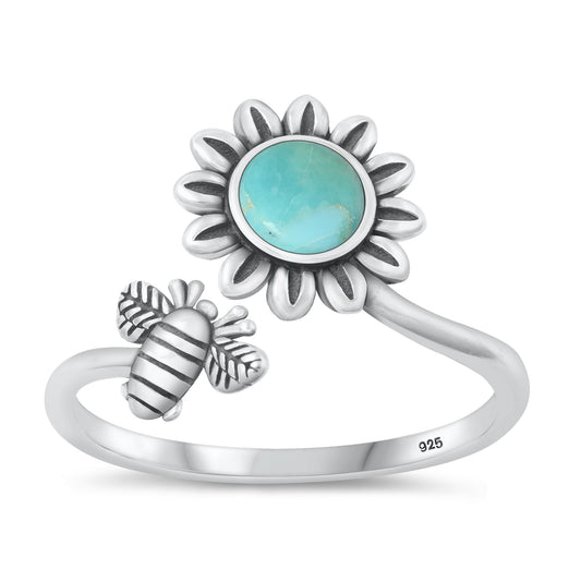 Sterling Silver Genuine Turquoise Flower & Bee Ring