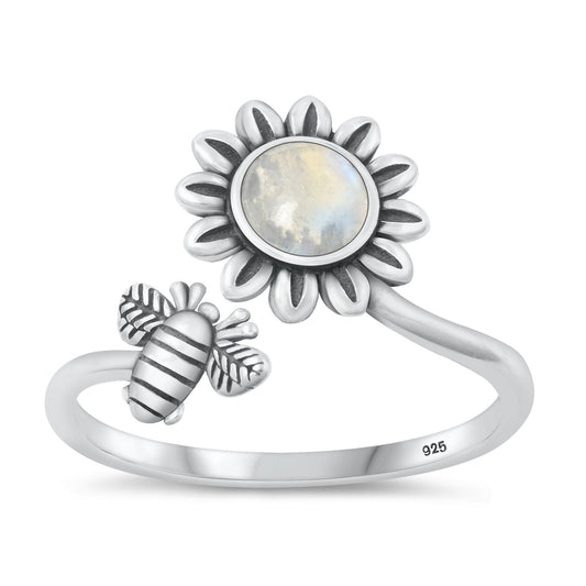 Sterling Silver Moonstone Flower & Bee Spoon Ring