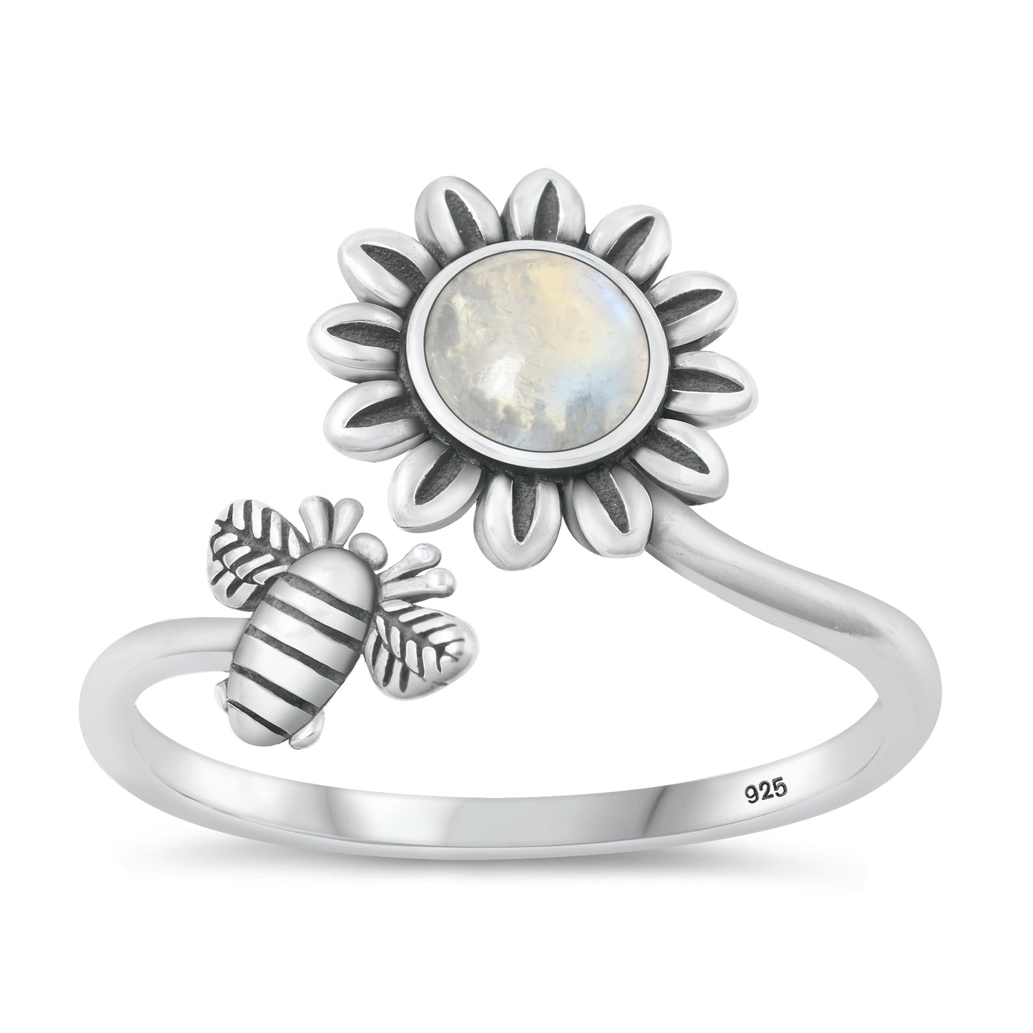 Sterling Silver Moonstone Flower & Bee Spoon Ring