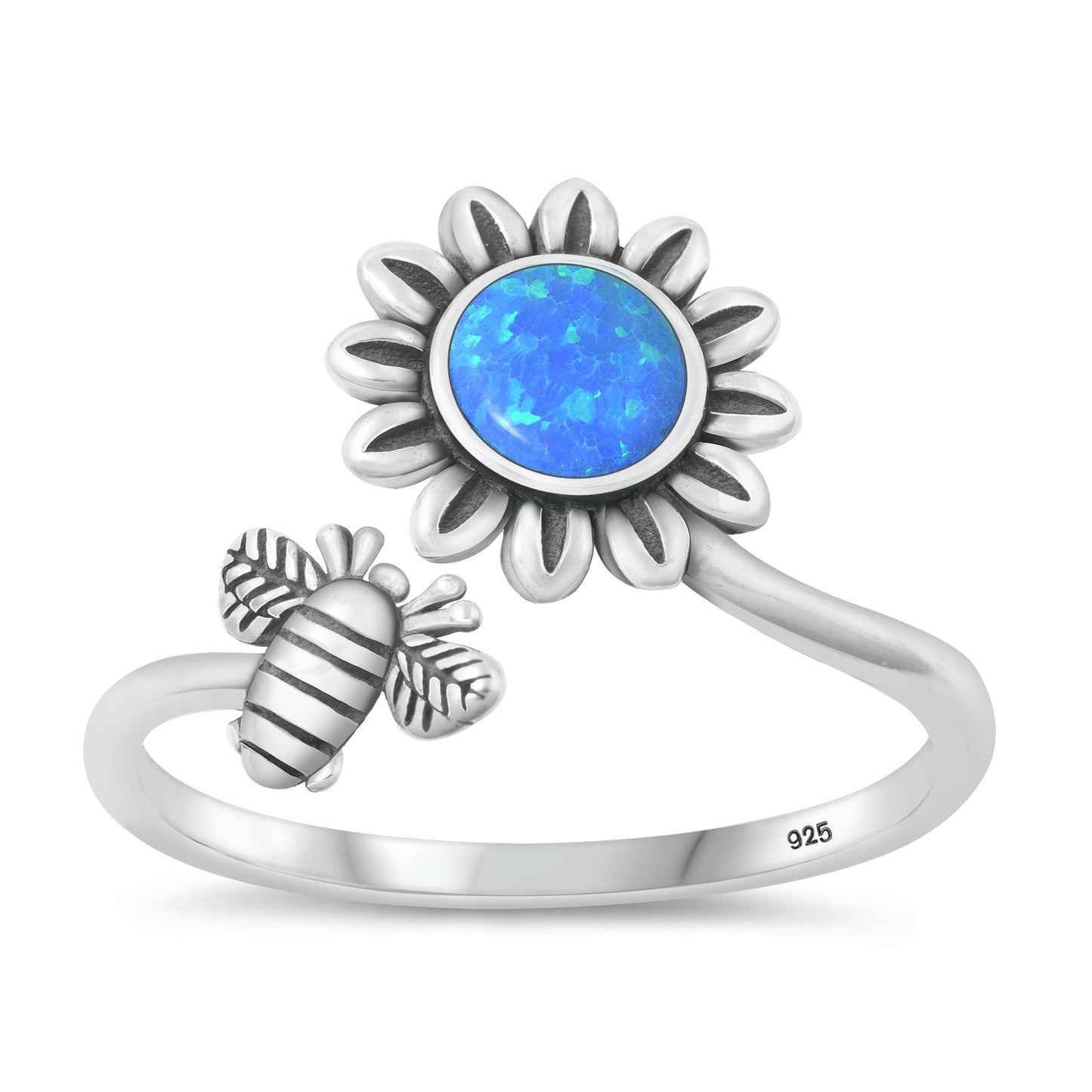 Sterling Silver Blue Lab Opal Flower Bee Spoon Ring