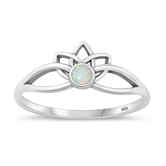 Sterling Silver White Lab Opal Lotus Ring