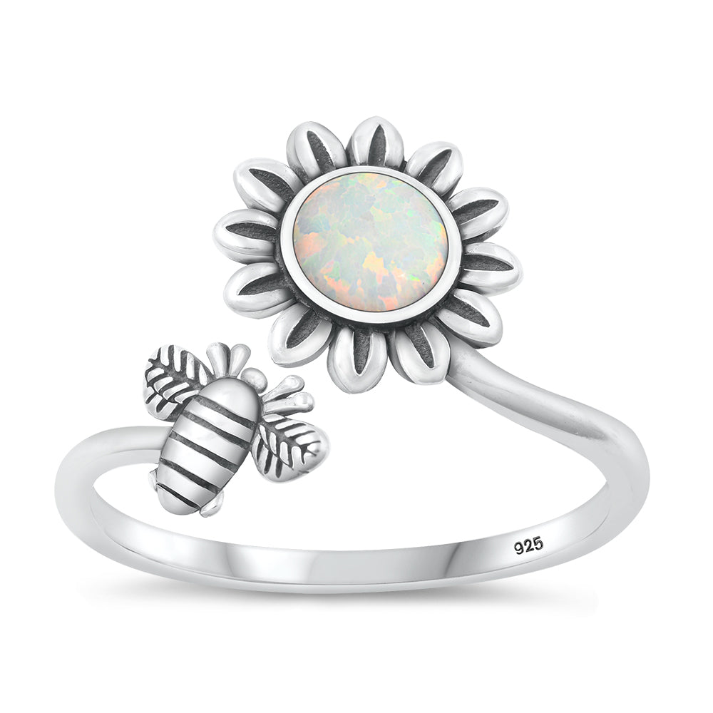 Sterling Silver White Lab Opal Sunflower Bee Ring