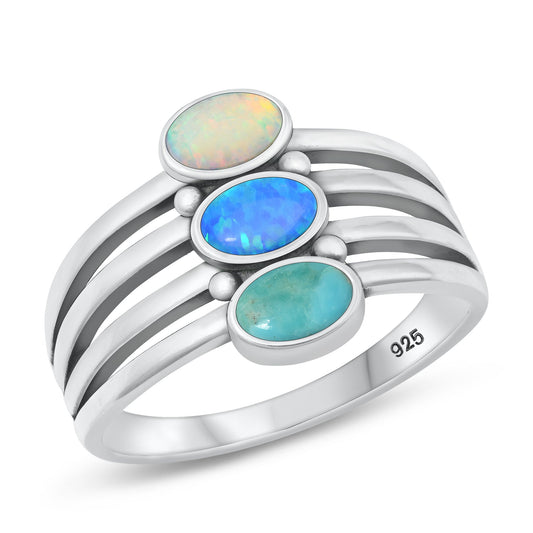 Sterling Silver Genuine Turquoise & Lab Opal Ring