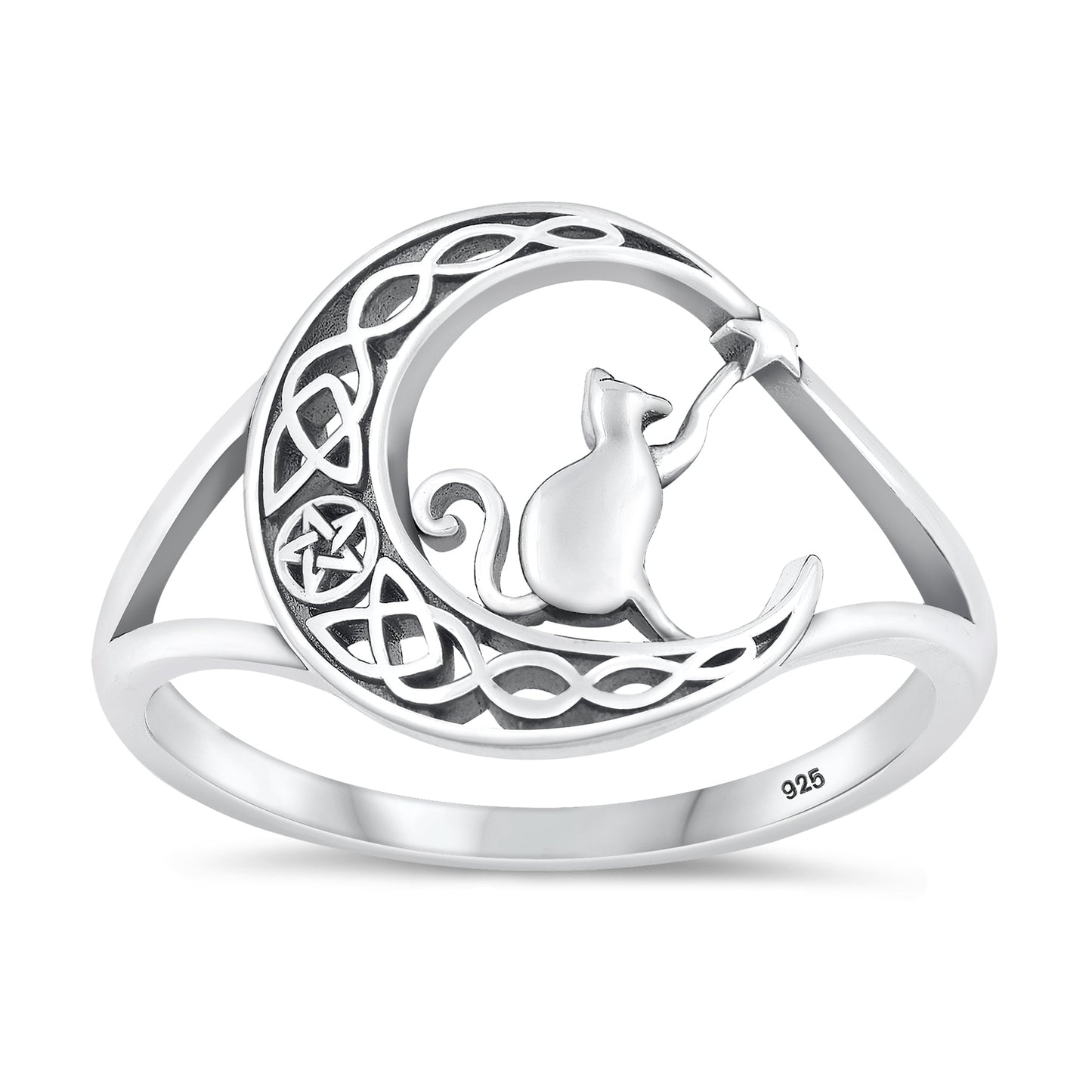 Sterling Silver Cat on Moon Ring