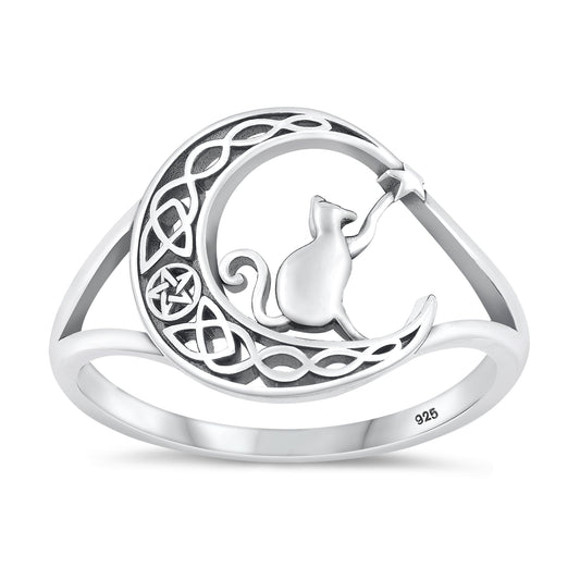 Sterling Silver Cat on Moon Ring