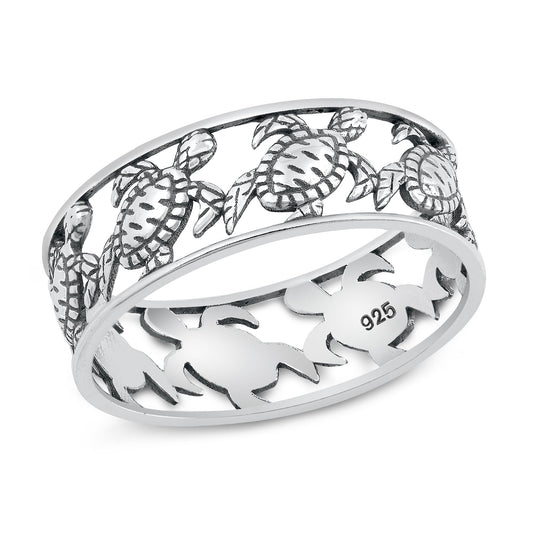 Sterling Silver Ring 925 Sea Turtles Eternity Ring Ocean Beach Band Sizes 5-10