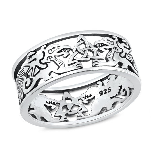 Sterling Silver Ring 925 Celtic Triquetra & Dragons Ring Wide Band Sizes 5-10