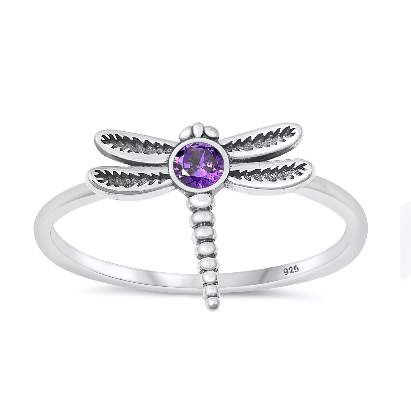 Sterling Silver Amethyst CZ Dragonfly Ring