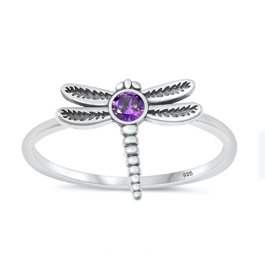 Sterling Silver Amethyst CZ Dragonfly Ring