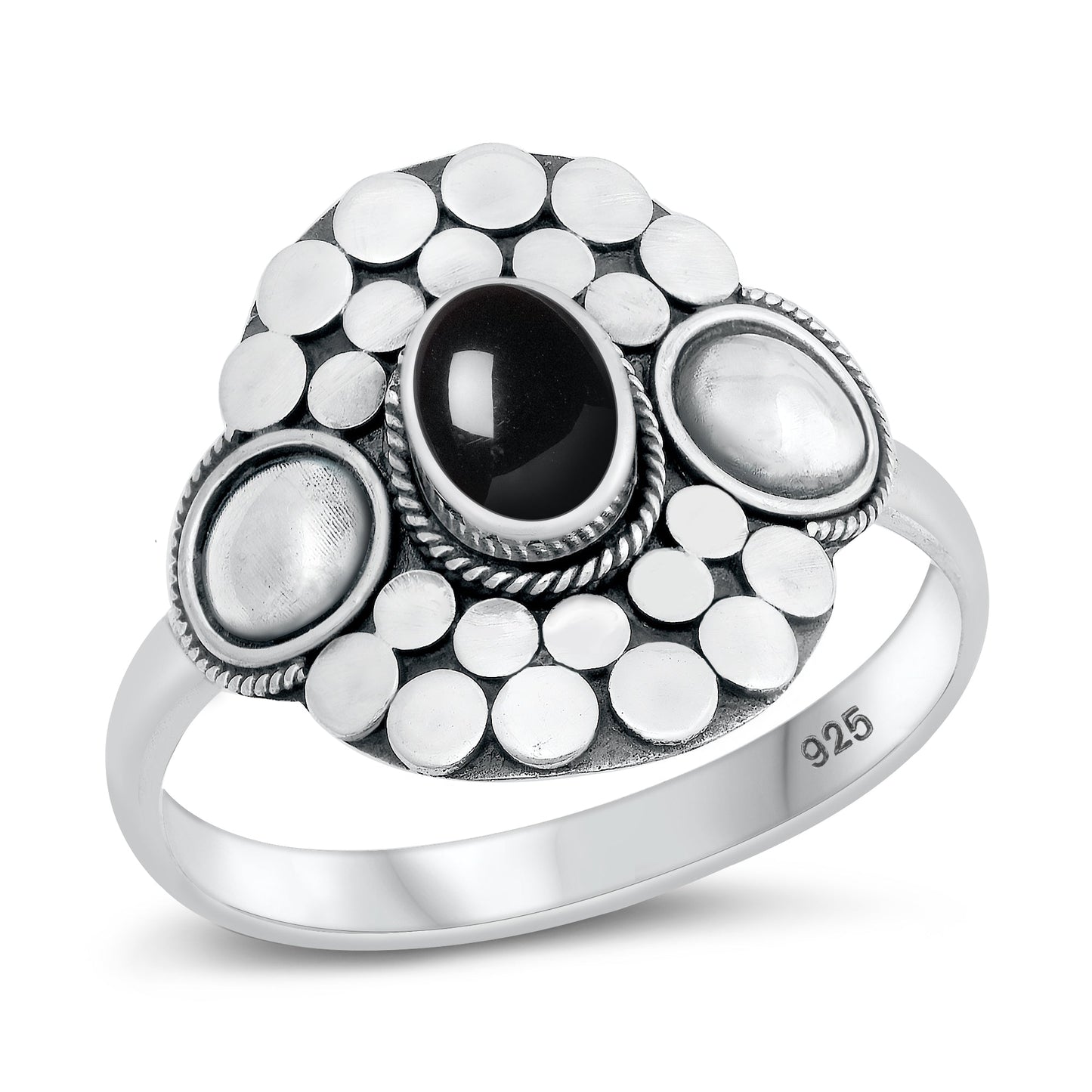 Sterling Silver Black Agate Bali Ring