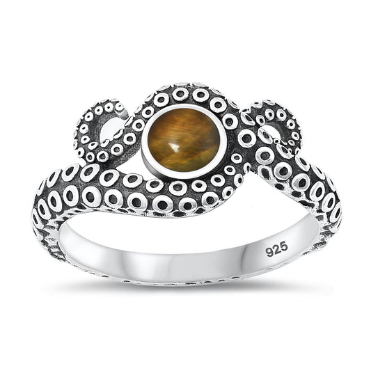 Sterling Silver Tiger Eye Octopus Ring