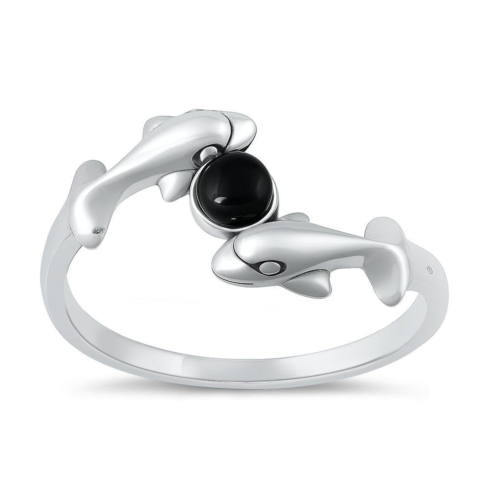 Sterling Silver Black Agate Dolphin Ring