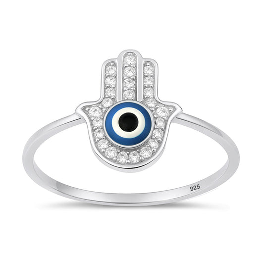 Sterling Silver Clear CZ Hamsa Evil Eye Ring