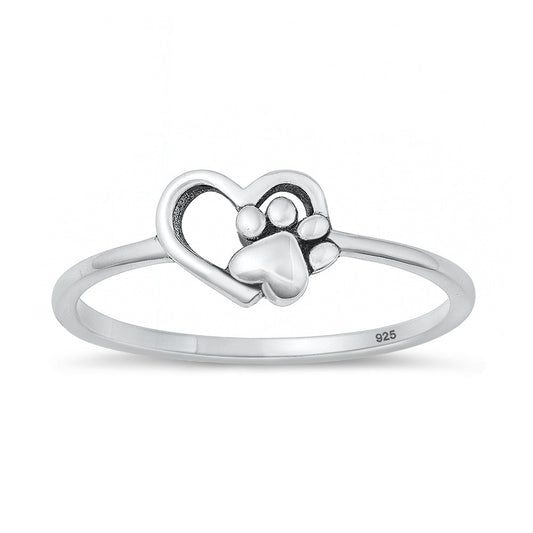 Sterling Silver Paw Print & Heart Ring