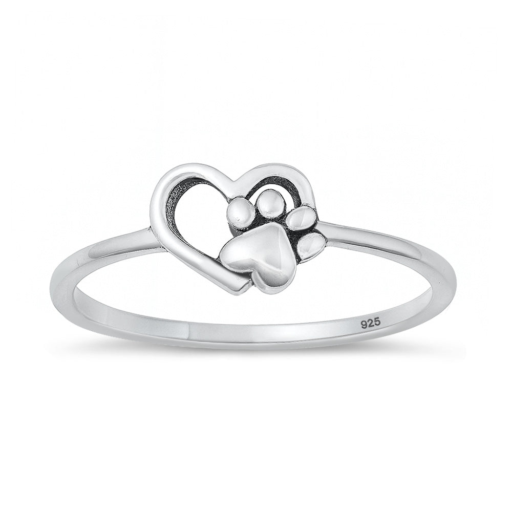 Sterling Silver Paw Print & Heart Ring