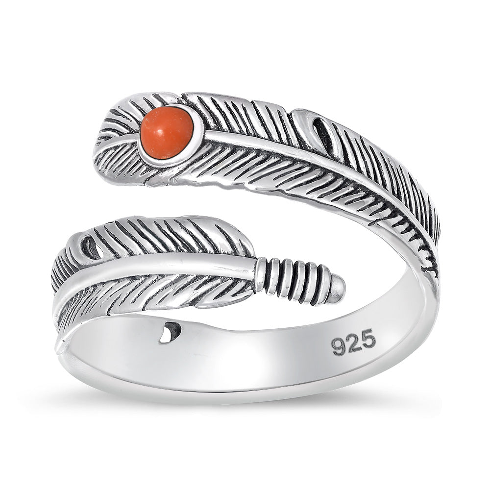 Sterling Silver Coral Feather Ring