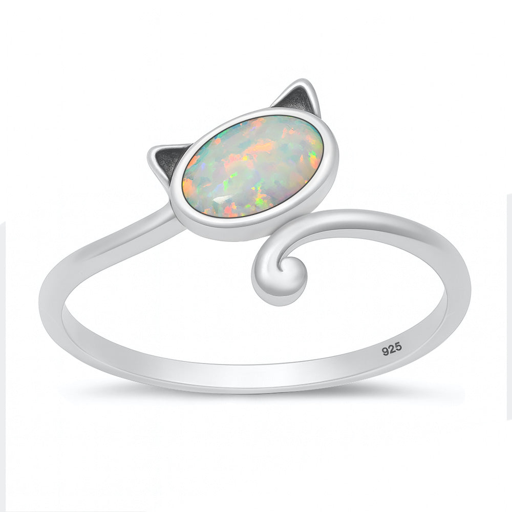 Sterling Silver White Lab Opal Cat Ring