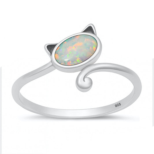 Sterling Silver White Lab Opal Cat Ring