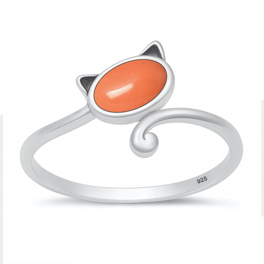 Sterling Silver Coral Cat Ring
