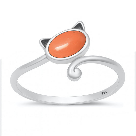 Sterling Silver Coral Cat Ring